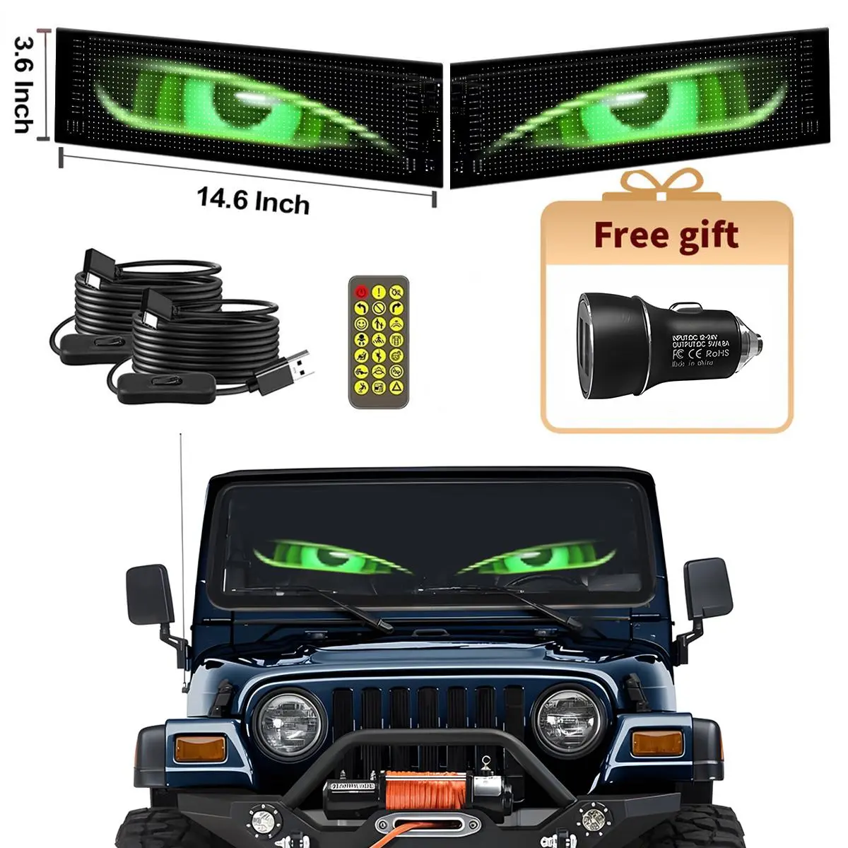 Programmable Dynamic Devil Eyes Silicone Adhesive Windshield LED Panel, APP-Controlled Car Lighting Accessory with Colorful Animations & Text, Illuminated Emblem for Trucks, Car Interior Decor for Greenish Spring, Car Accessory, Vehicle