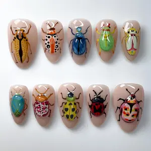 Colorful Bug Press On Nails with Unique Beetle and Insect Nail Art, Bright Bug 3D Nails, Handmade False Nails for Cosplay, Halloween Nails