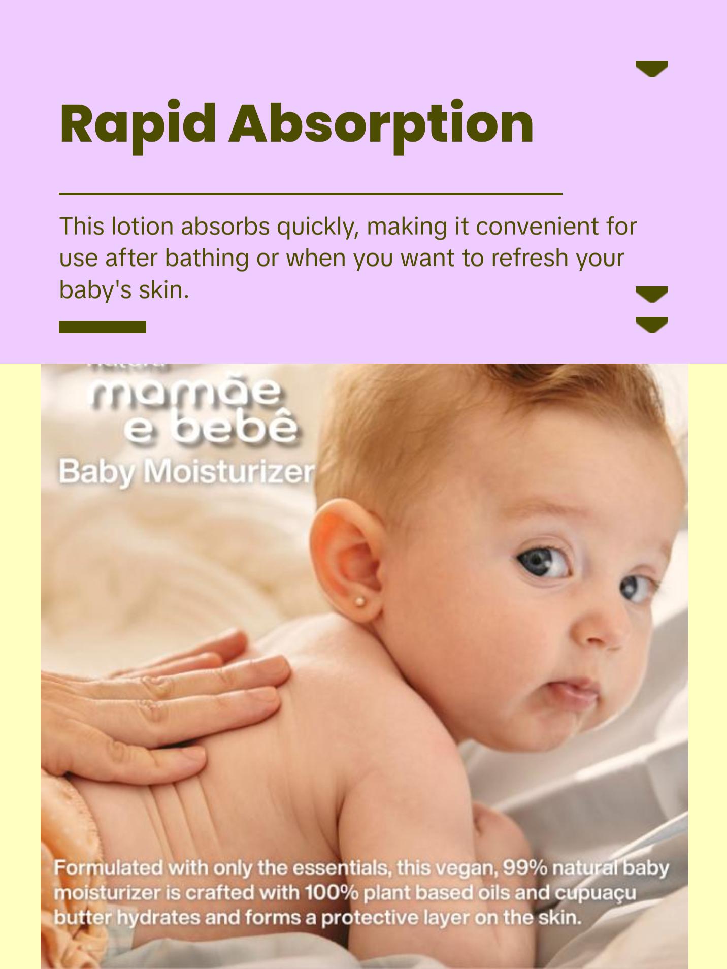 Natura  Mamãe e Bebê Baby Moisturizer, Fast Absorbing Lotion with 100% Vegetable Oils & Cupuaçu Butter, Gentle Skin Care Formula