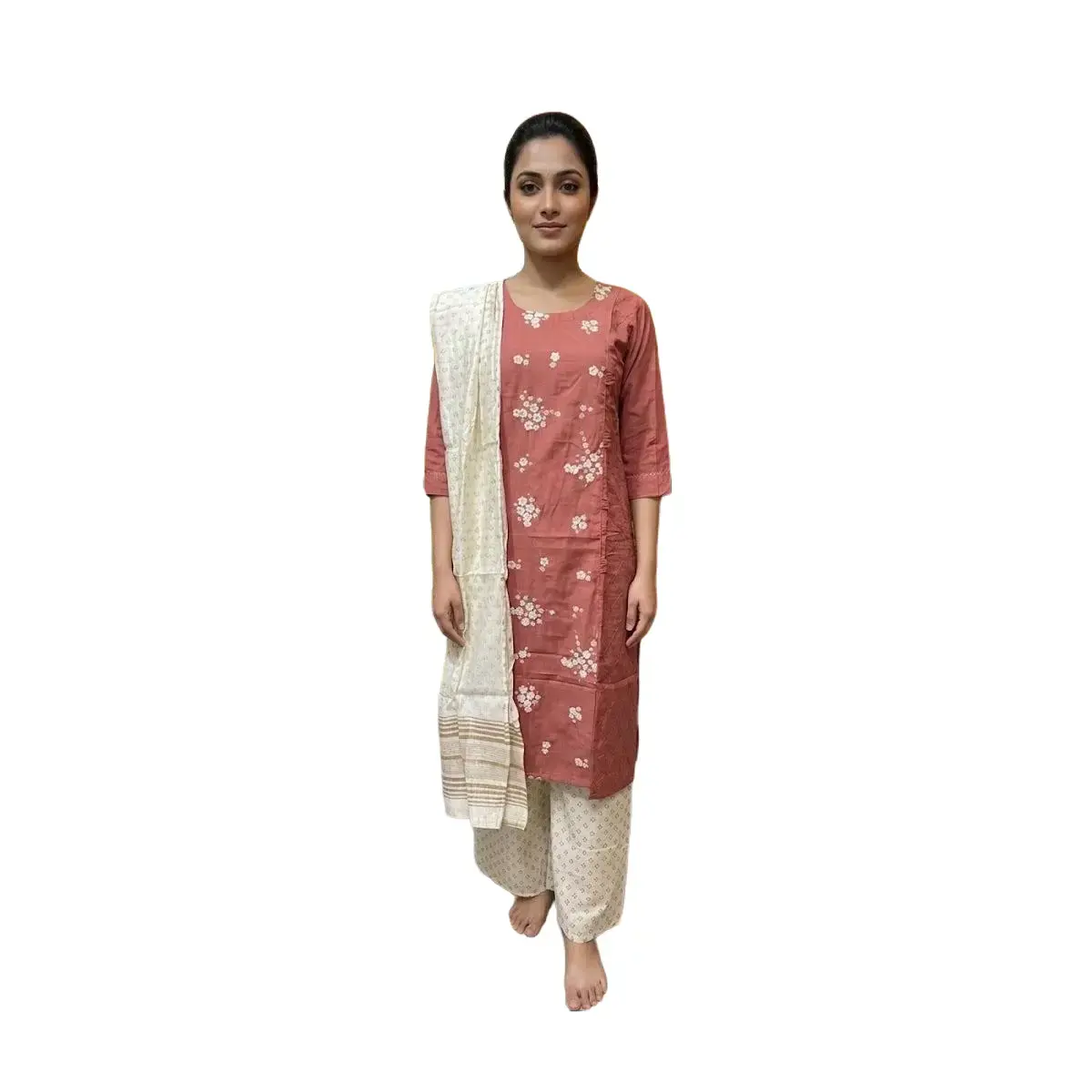 #3PS-19 Dusty Rose Floral Cotton Salwar Kameez Set – 3 Piece Ethnic Wear