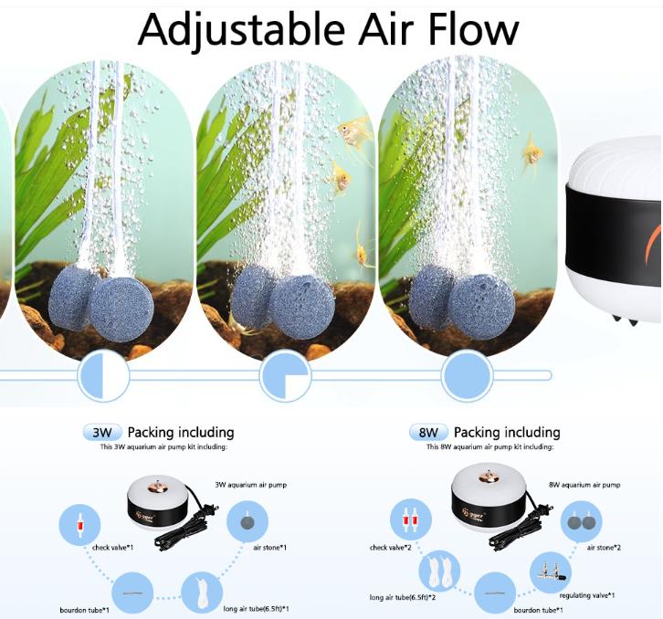 hygger 3W/8W Aquarium Air Pump, Powerful 50GPH/140GPH Adjustable Fish Tank Aerator, Ultra Quiet Oxygen Pump Aquarium Bubbler with Accessories for up to 300 Gallon Tank Aquarium Bubble Tube