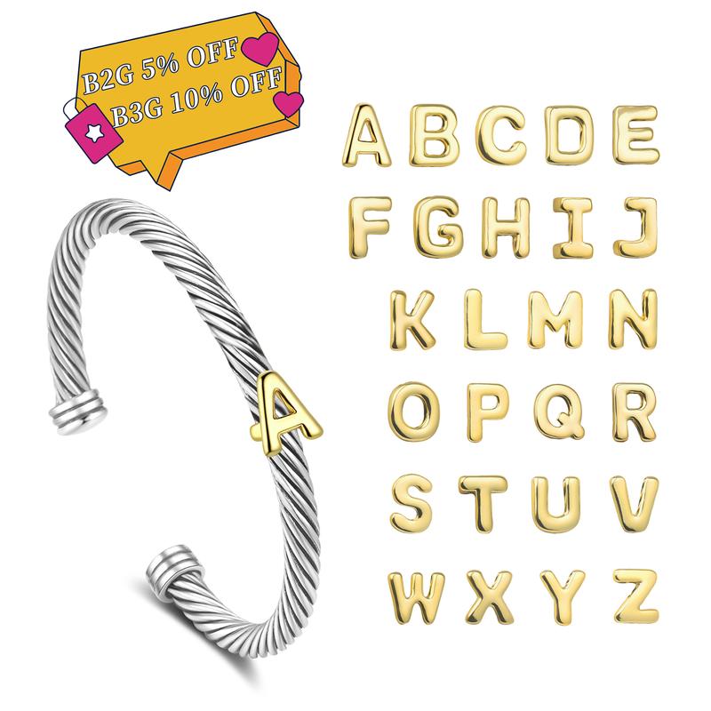 Aprilery Initial Personalized Customization DIY A-Z Letter Cable Cuff Jewelry – Personalized Christmas Gift for Women, Two-Tone Open Bangle Bracelet