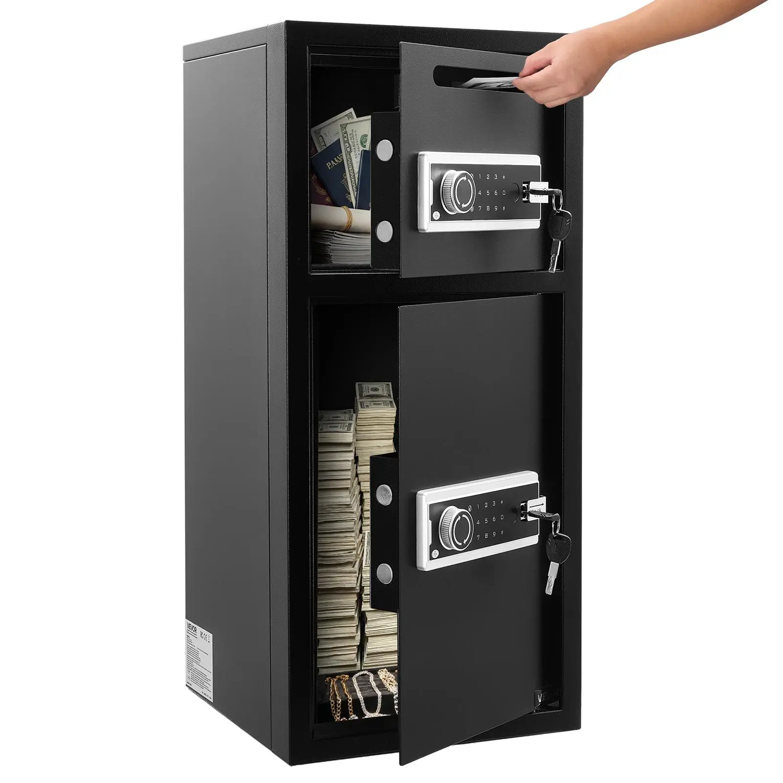 VEVOR Double Door Home Safe Box, 3.3 Cu. Ft Heavy-Duty Anti-Theft Valuable Storage with Digital Electronic Lock, Key Lock, 60-Degree Drop Slot, Drill Installation, Backup Power Supply, LED Lights, AA Batteries for Money, Firearm, Documents
