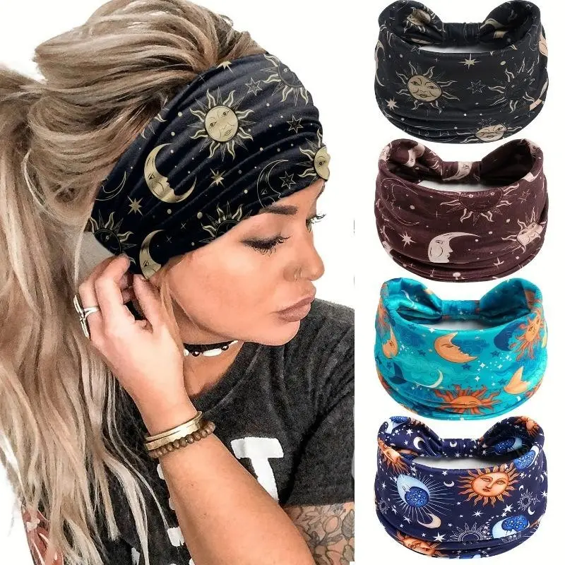 Women's Star and Moon Pattern Wide Headband Set, Elastic Anti-Slip Twist Hairbands, Boho Hair Accessories