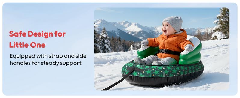 QPAU Snow Sled for Toddlers 1-3 with Canvas Cover, Inflatable Baby Sled with 3-Sided Protection, Tow Strap & Handles, Kids Snow Tube for Skiing & Sledding Outdoor Toys
