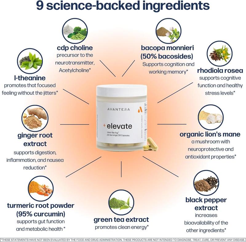 Avantera Elevate Premium Nootropic Supplement - Beat Brain Fog - Best Focus Supplements for Memory & Focus Support - Energy Without Crash - 56 Count Pills for Women & Men*