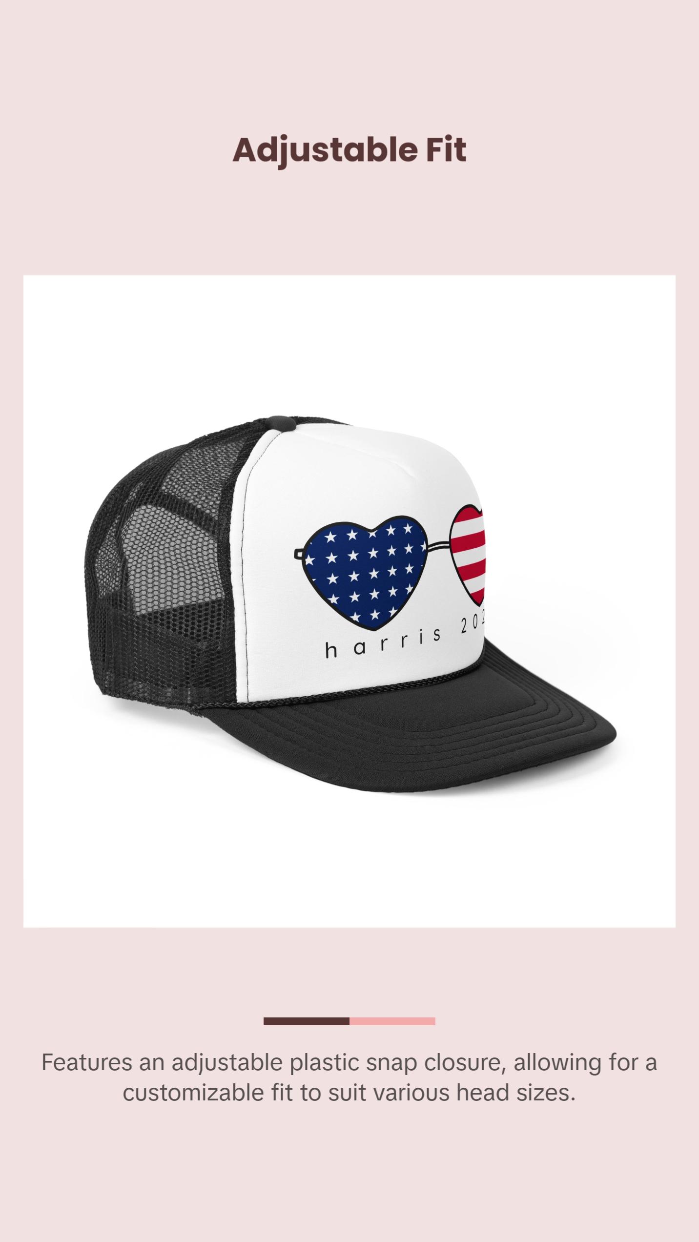 Kamala Harris Trucker Hat - American Flag Hearts Cap