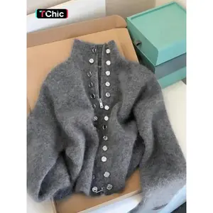 Elegant Women's Knitted High Neck Cardigan, Long Sleeve Ribbed Design, Faux Button Detail, Perfect for Spring & Fall Fashion, Womenswear