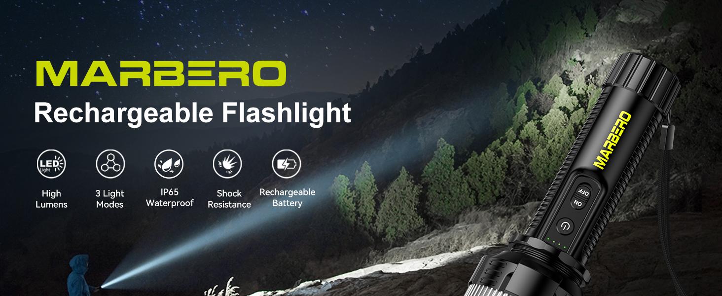 MARBERO Rechargeable Flashlight High Lumens with 4000mAh Battery Focused Beam Super Bright LED Powerful Flashlight 3 Modes Tactical Compact Portable Flashlight for Hiking Power Outage