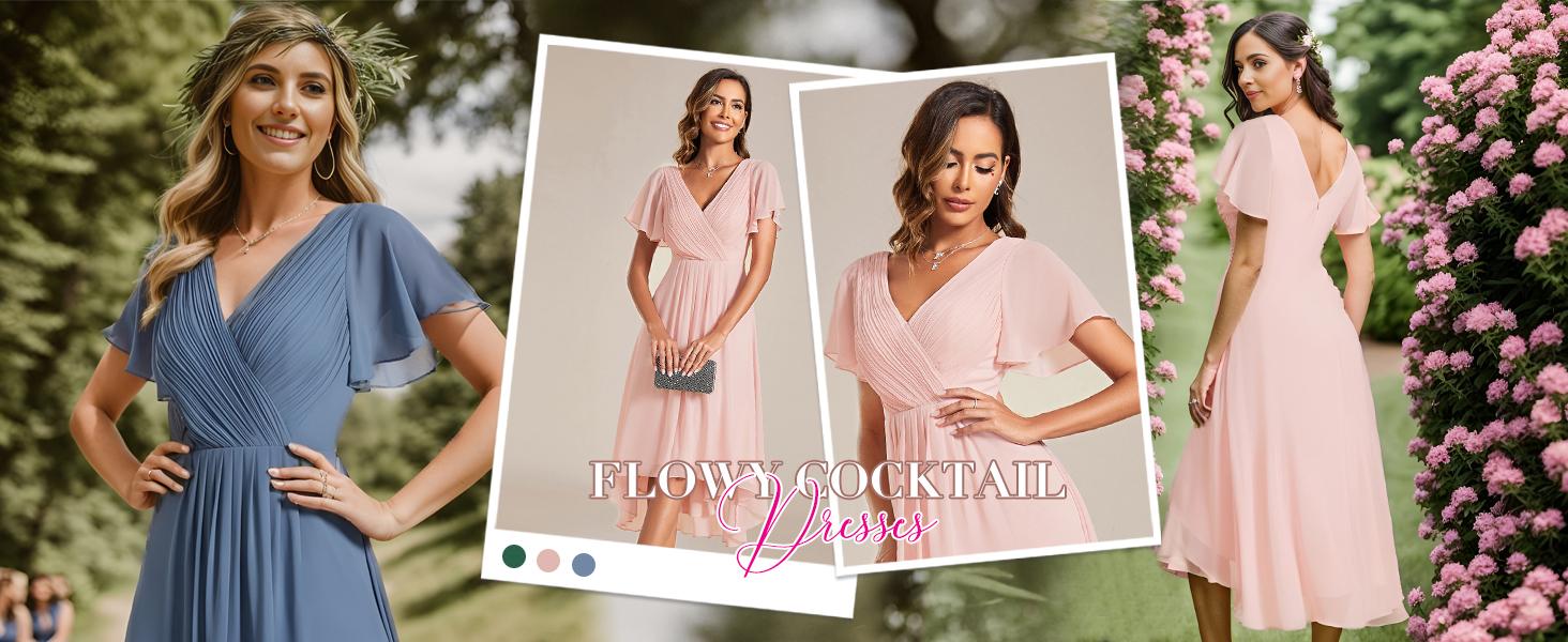 Ever-Pretty 2026 【Plus size curvy dresses】,Chic V Neck Asymmetrical Hem Ruffles Sleeve Pleated Chiffon Wedding Guest Dress for Women Minimalist Shortsleeve Basic Comfort Formal 01923 Womenswear