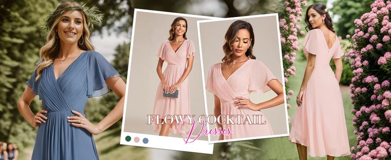 Ever-Pretty 2026 Valentine dress【Plus size curvy dresses】,Chic V Neck Asymmetrical Hem Ruffles Sleeve Pleated Chiffon Wedding Guest Dress for Women Minimalist Shortsleeve Basic Comfort Formal 01923 Womenswear