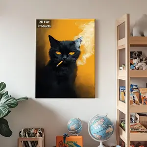 2D Flat, 2D Flat 1pc Wooden Frame Decorative Signs & Plaques Front Door Christmasdecorations A Black Cat with Yellow Eyes Is Smoking in a Dark Room for Kitchen, Home Office, Living Room, Bedroom, Dining Room, Indoor Use, Wall Hanging Decoration	