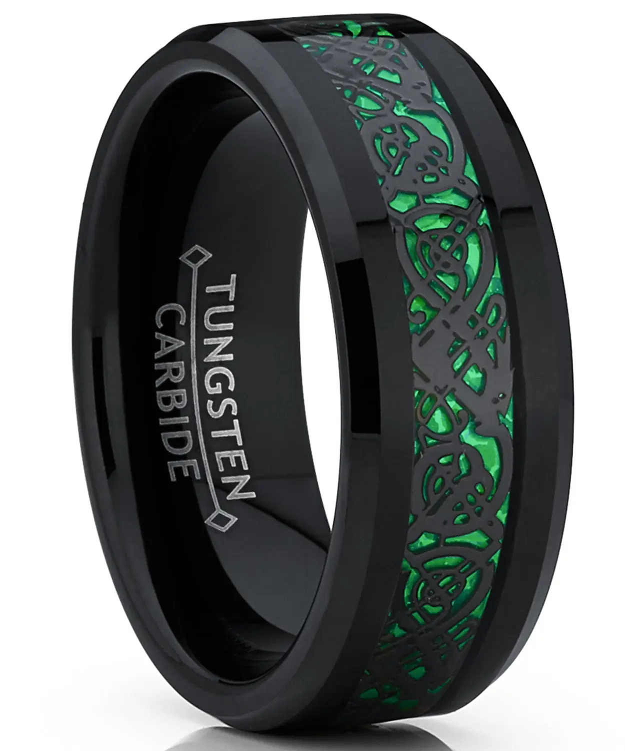 Men's 8mm Black Heavy Duty Bold Tungsten Carbide Dragon Ring, Inlaid Green Carbon Fiber Comfort Fit Wedding Band, Artificial Gemstone Ring