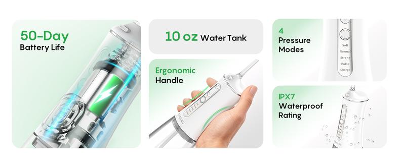 FRESKO Water Dental Flosser – 50-Day Battery, 10 oz Tank, 5 Tips, Waterproof & Gentle for Braces/Sensitive Gums