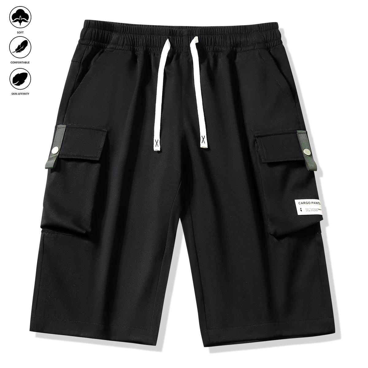 Men’s Colorblock Cargo Shorts – Casual cargo style featuring a drawstring waistband, large pockets, and letter patches; solid color regular fit, suitable for everyday wear and outdoor activities