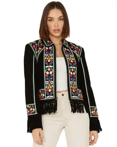 Double D Ranch Women's Justyna Embroidered Fringe Suede Jacket - C3055