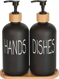 Elegant Matte Black Soap Dispenser Set with Hand and Dish Labels, Vintage-Inspired Pumps, and Natural Bamboo Tray for Stylish Kitchen and Bathroom Organization