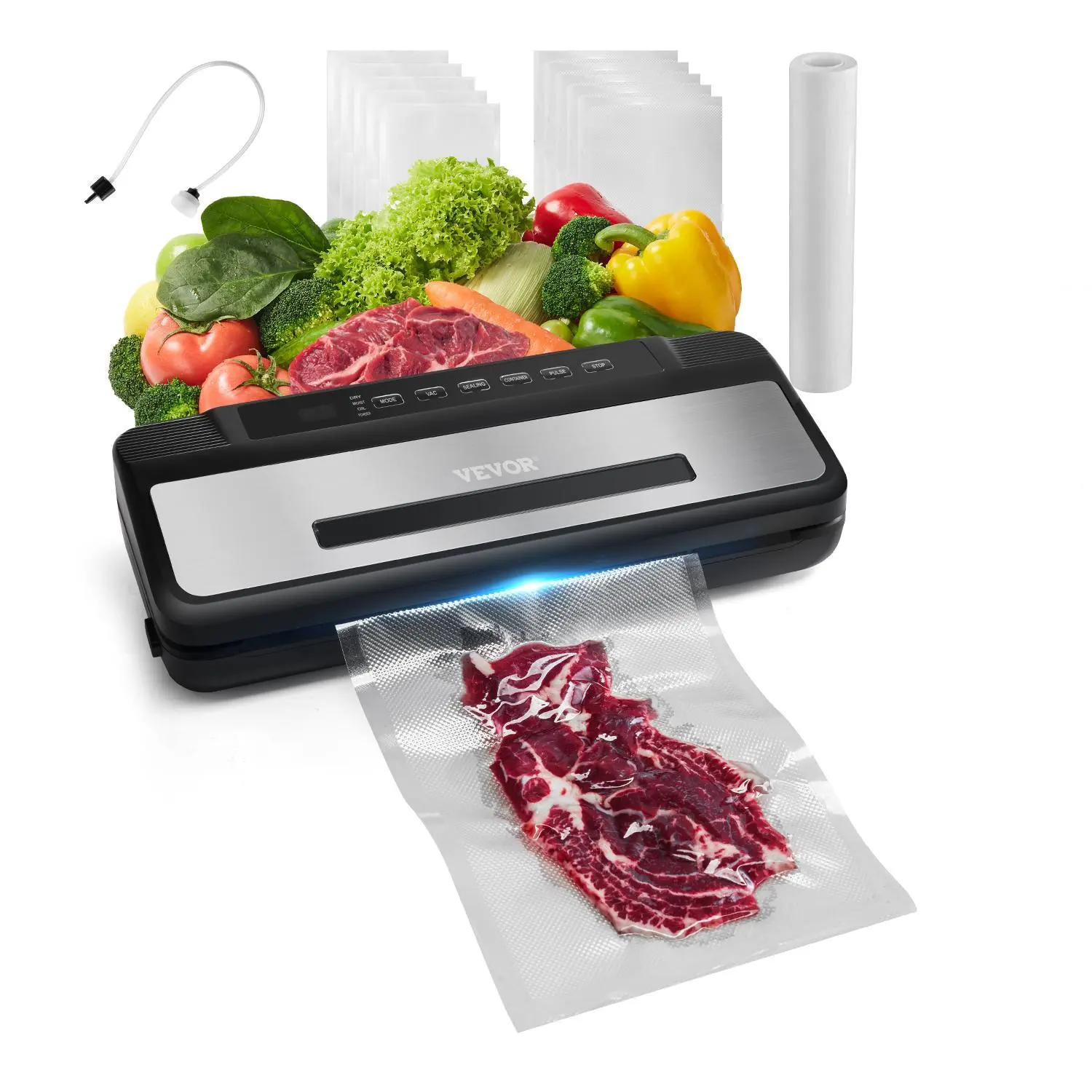【Summerfinds】VEVOR 7-in-1 Vacuum Sealer for Food, 120W Motor Fast-Compact Automatic Food Saver, Stainless Steel, 3mm Wide Heating Bar, 1 Replacement Sealing Strip with Bags & Roll, Multi-Mode