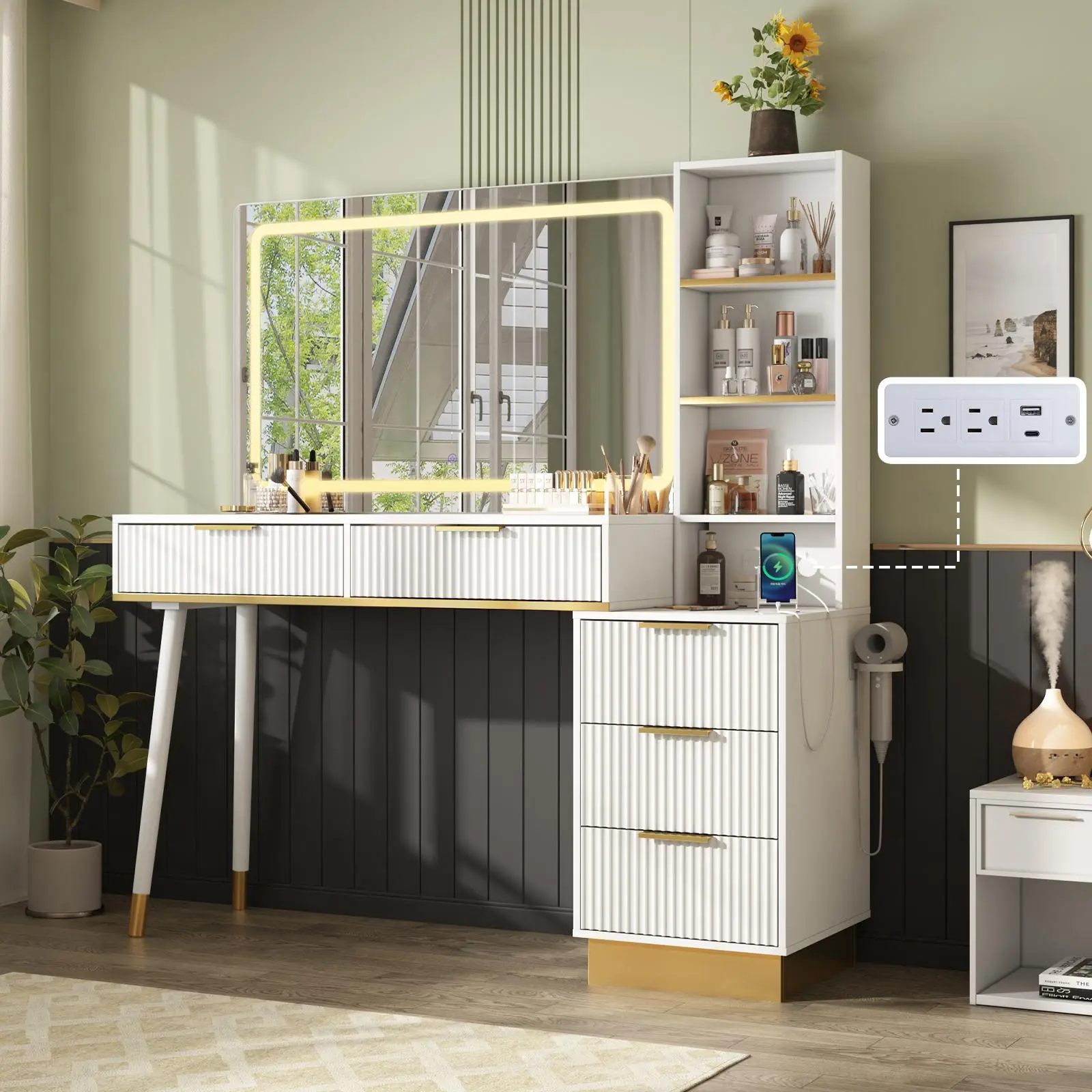 AMERLIFE 54" Tall Makeup Vanity, Vanity Desk Table with 35"W x 24"H Mirror, 5 Drawers, 3 Shelves & Charging Station, Glass Top, Modern Minimal for Home Storage/Interior Bedroom Furniture/Best Gift Ideas/Christmas Gifts[tiktokshopbacktoschool][SohoChic]