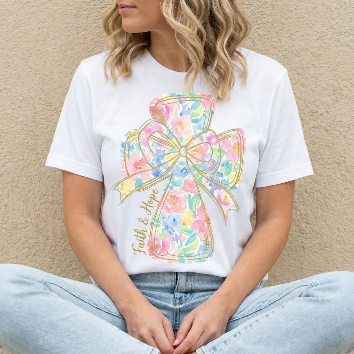 T-Shirt with He Is Risen's Cross and Bow Graphic, Casual Short Sleeve Crew Neck, Soft Lightweight Cotton Blend