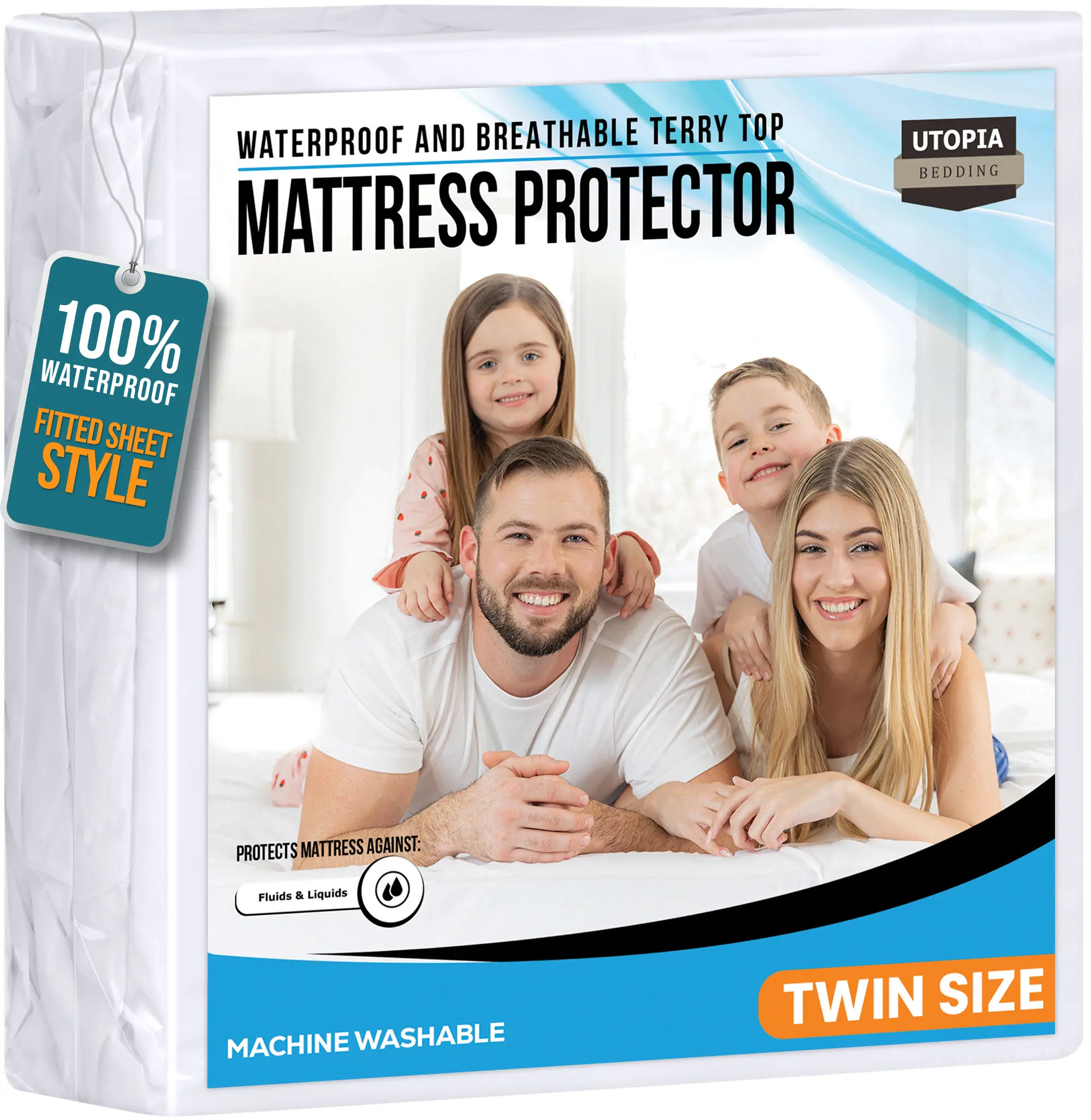 Utopia Bedding Waterproof Mattress Protector - Terry Fabric 200 GSM Soft Breathable Polyester Fiber Cover, Fitted Style Slips On Fast with Deep Pockets, Spill-Water Resistant (King 17in, Queen 17in, Full 15in, Twin 15in, Twin XL), White, Machine Washable