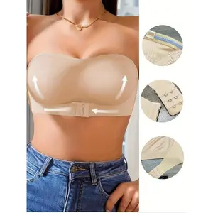 Women's High-Support Strapless Bandeau Bra - Front Clasp, Non-Slip, Invisible Shoulder Straps, Nylon & Elastane, Seamless, Breathable Fabric for Casual Attire, Breathable Intimate Apparel |   Seamless Undergarment |   Knitted Texture Womenswear Comfort