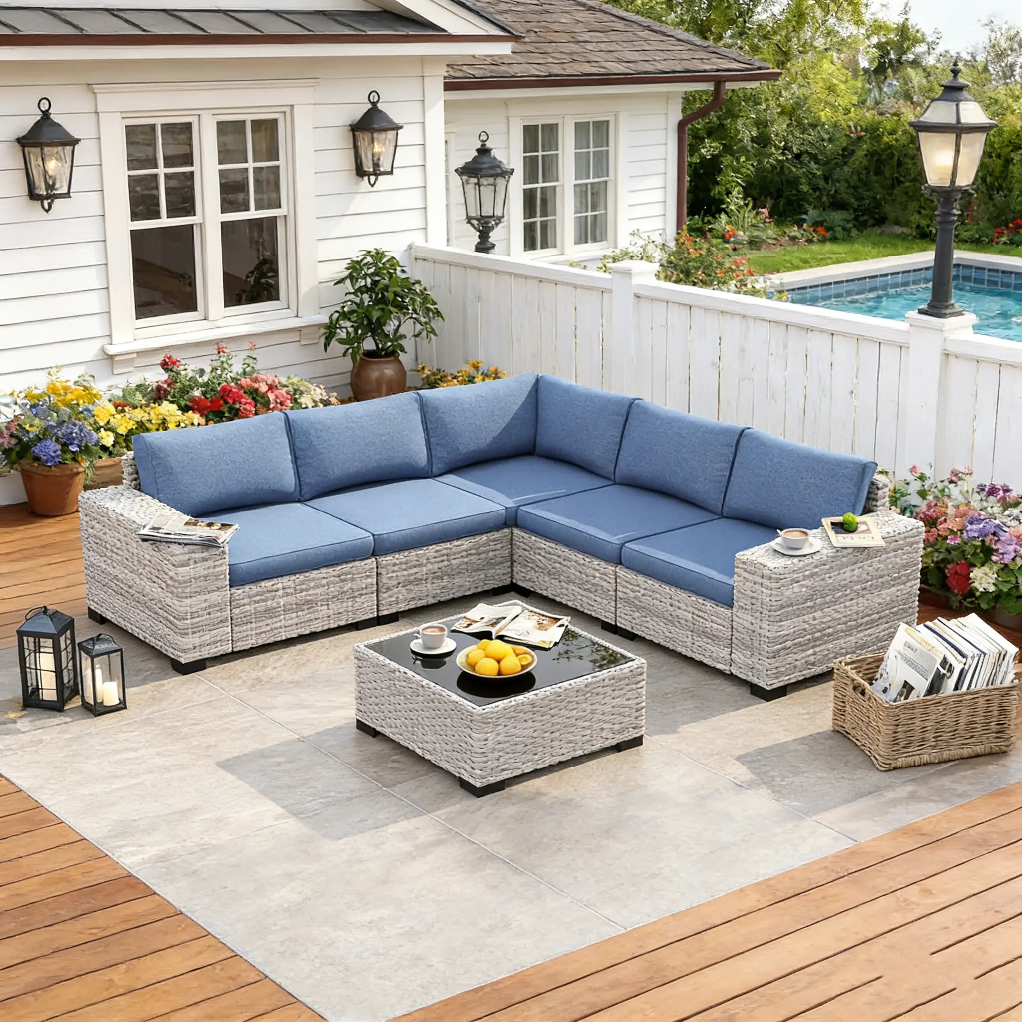 5-Seat All-Weather PE Wicker Patio Furniture Set, 6-Piece Modular Outdoor Furniture Set with Boneless Arms, 4" Thick Cushions & Coffee Table (2-Package Delivery) for Backyard