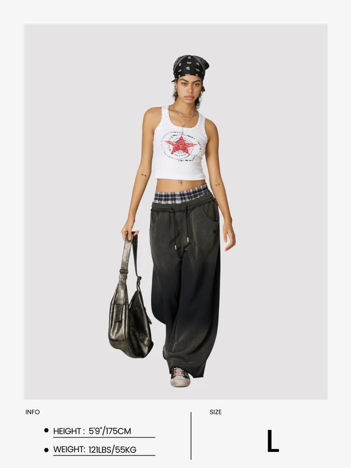 Aelfric Eden Double Waist Washed Baggy Sweatpants Loose Wide Leg Plaid Patchwork Casual Pants with Pockets