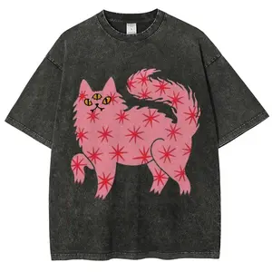 Vintage Distressed The Pink Cat - Vintage Magical Cat Tee - Cat Lover Oversized Wash T-Shirt - Pet Love Unisex Streetwear