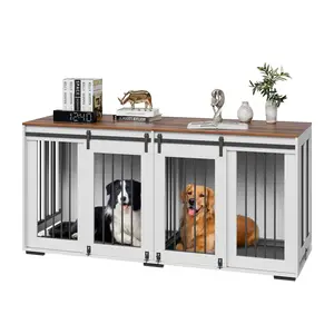 VEVOR 72" Dog Crate Furniture for 2 Dogs,  , Double Dog Crate Furniture with Double Sliding Doors, Large Dog Crate TV Stand with Removable Tray, Steel Frame Double Dog Crate for Small, Medium, Large Dogs White
