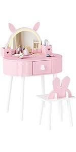 JOYMOR Kids Vanity Set with Mirror, 2-in-1 Design, Toddler Vanity w/a Drawer, Storage Box, 7 pcs Make up Accessories, Pretend Play Kids Vanity Table and Chair Set (White)