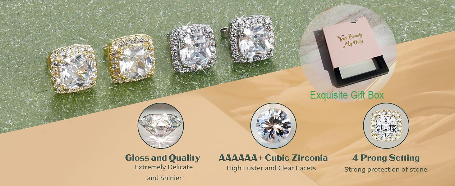 Funrun Halo Stud Earrings 2/4-Pair Set | 18K Gold & White Gold Plated | Skin-Friendly 925 Silver Post | Couple Jewelry Unisex