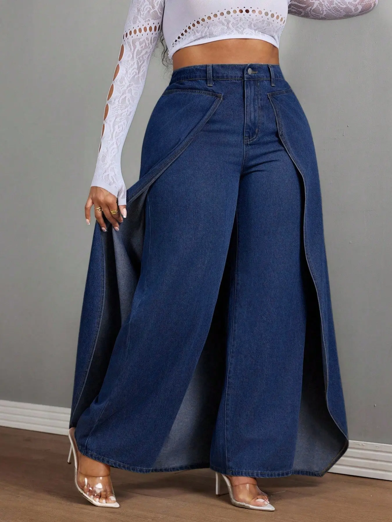 Women's Plus Size Oversized Loose Baggy Two-Piece Denim Jeans Pants, Casual Basic Faux Two-Piece Design, Comfortable and Stylish Jeans for Everyday Wear