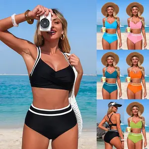Women's Color Block Bikini Set V Neck Cross Back & Side Ties, Two Piece Set Swimsuit for Beach Party