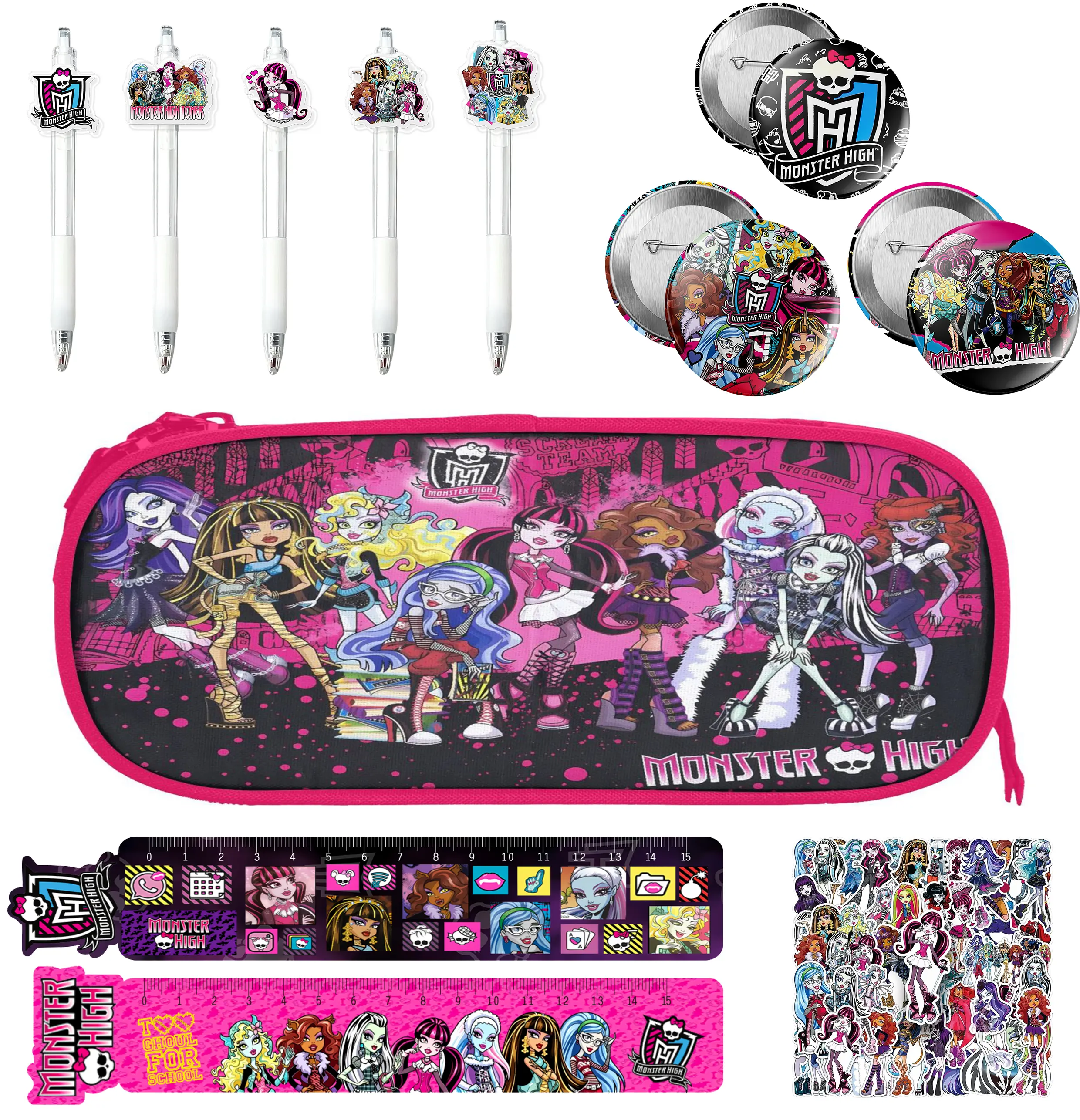 Monster High Storage Bag, Multi Compartment Pencil Case with Monster High Pens Rulers Stickers Badges, Kids Girls School Stationery Kit