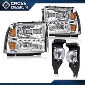 CROSSDESIGN Fit For Ford 2005-07 Super Duty Headlights W/ LED Strip & Fog Lights F250 F350