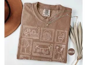 Comfort Colors Retro Easter Vintage Stamp Shirt, Playful Easter Bunny Egg Collage Tee, Vintage Aesthetic Spring Holiday Outfit, Trendy Mom and Kid Match Design, Premium Oversized Easter Lover Gift