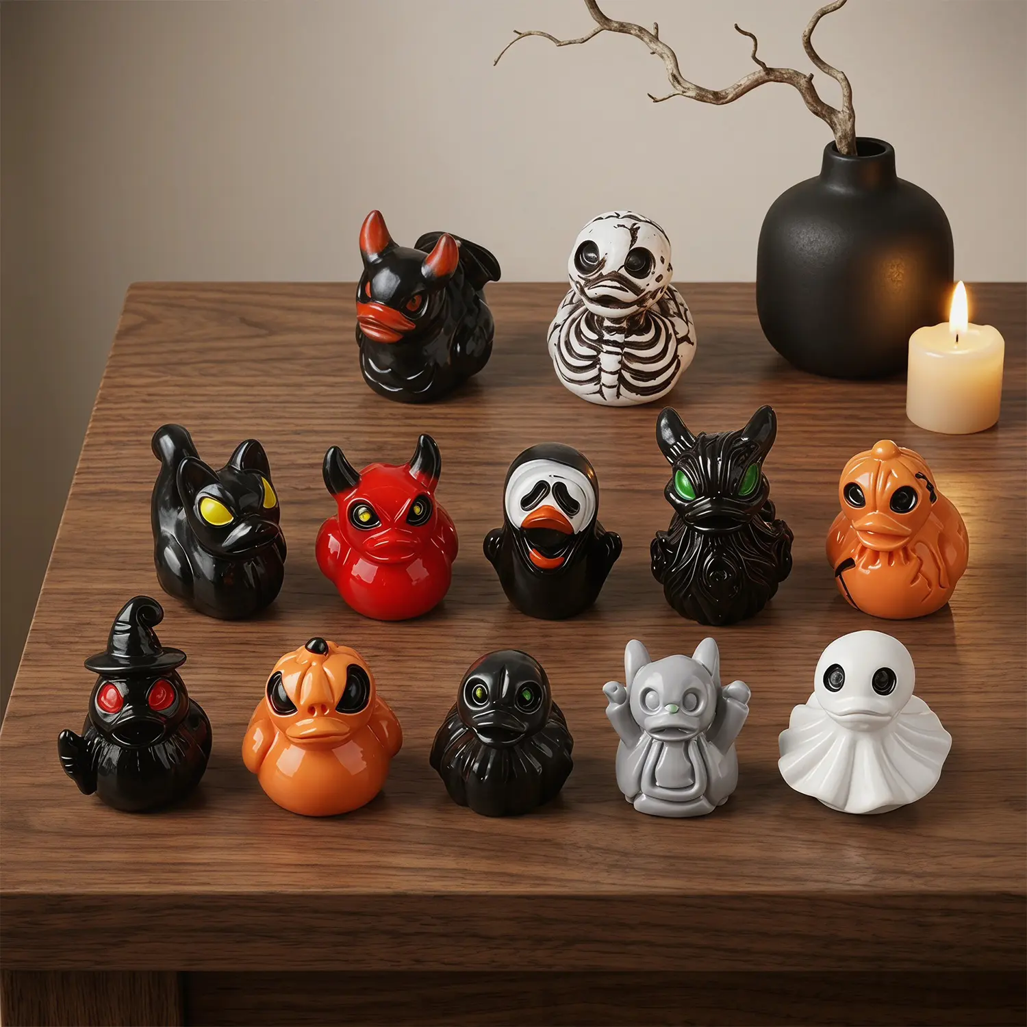 12PCS Multicolored Small Plastic Halloween Mini Duck Figurines - Devil, Ghost, Skull Designs, Creepy Cute Resin Figurine Statue, Halloween Decorations, Desktop DIY Craft Supplies