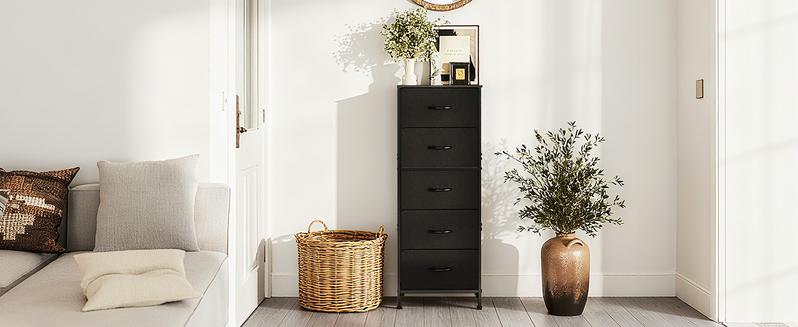 5 Drawer Dresser with Fabric Bins, Sturdy Steel Frame and Wood Top, Storage Organizer Chest for Bedroom, Closet, Hallway