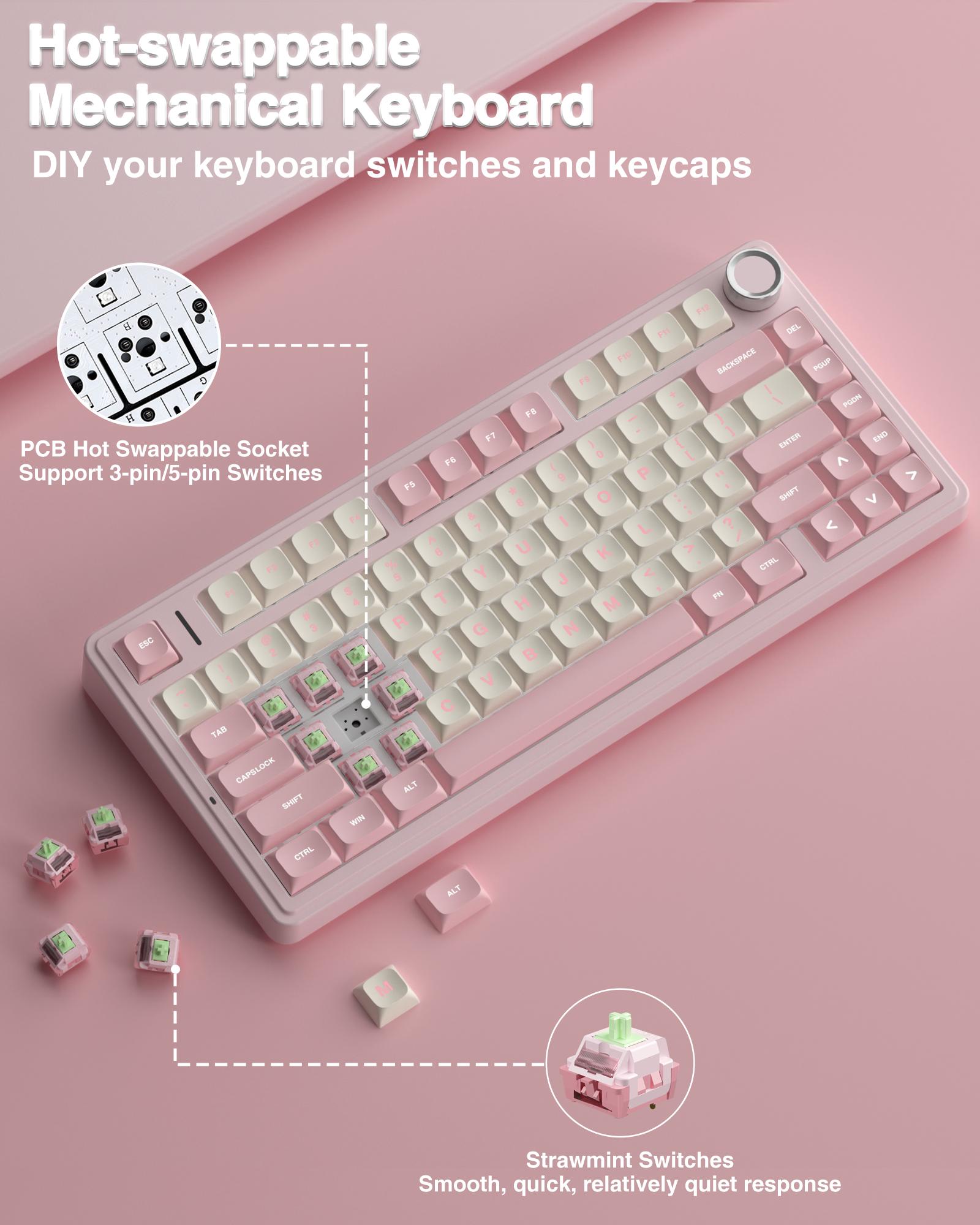 AULA F75 Cute Pink 75% Mechanical Wireless Keyboard – Creamy Sound, Pastel Desk Setup Aesthetic, Wireless Tri-Mode, Hot Swap, RGB Backlit Keyboard for Girls
