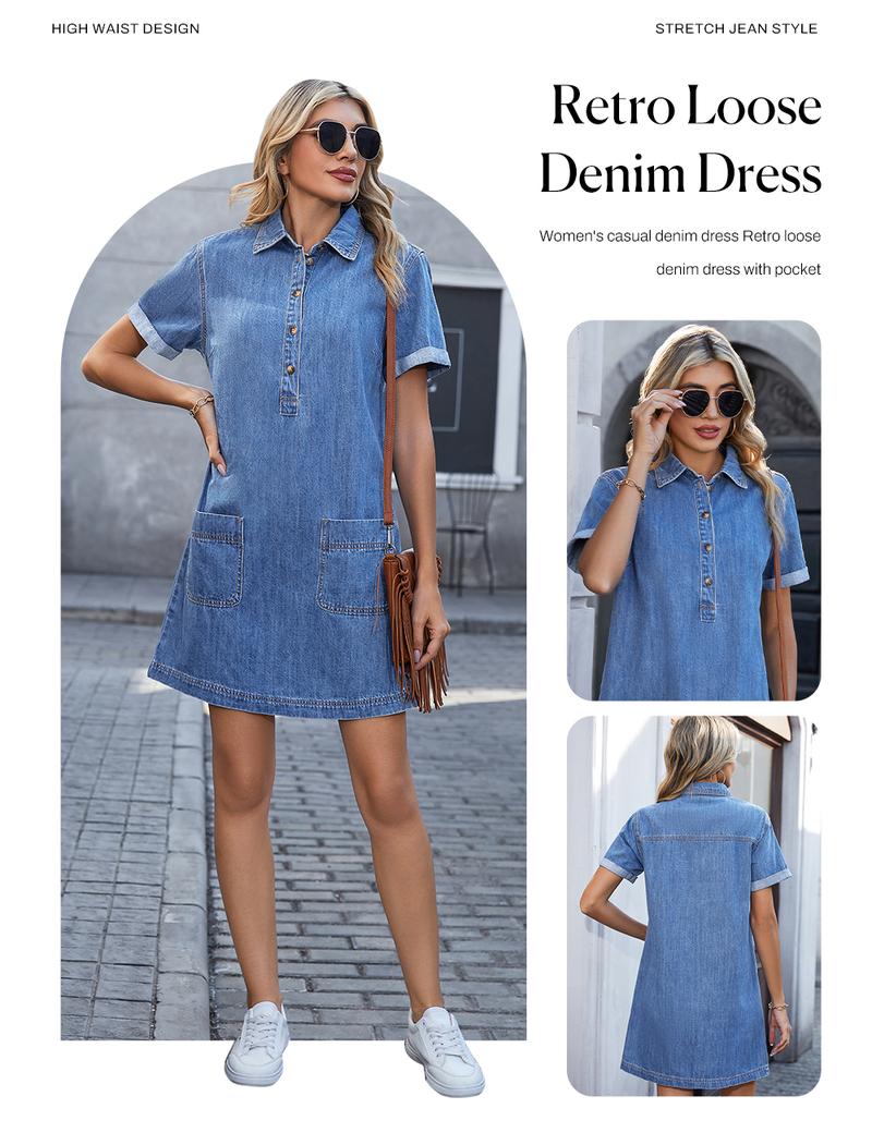 Sidefeel Women's Denim Dress Short-Sleeve Henley Neck Casual Denim Dress with Pockets