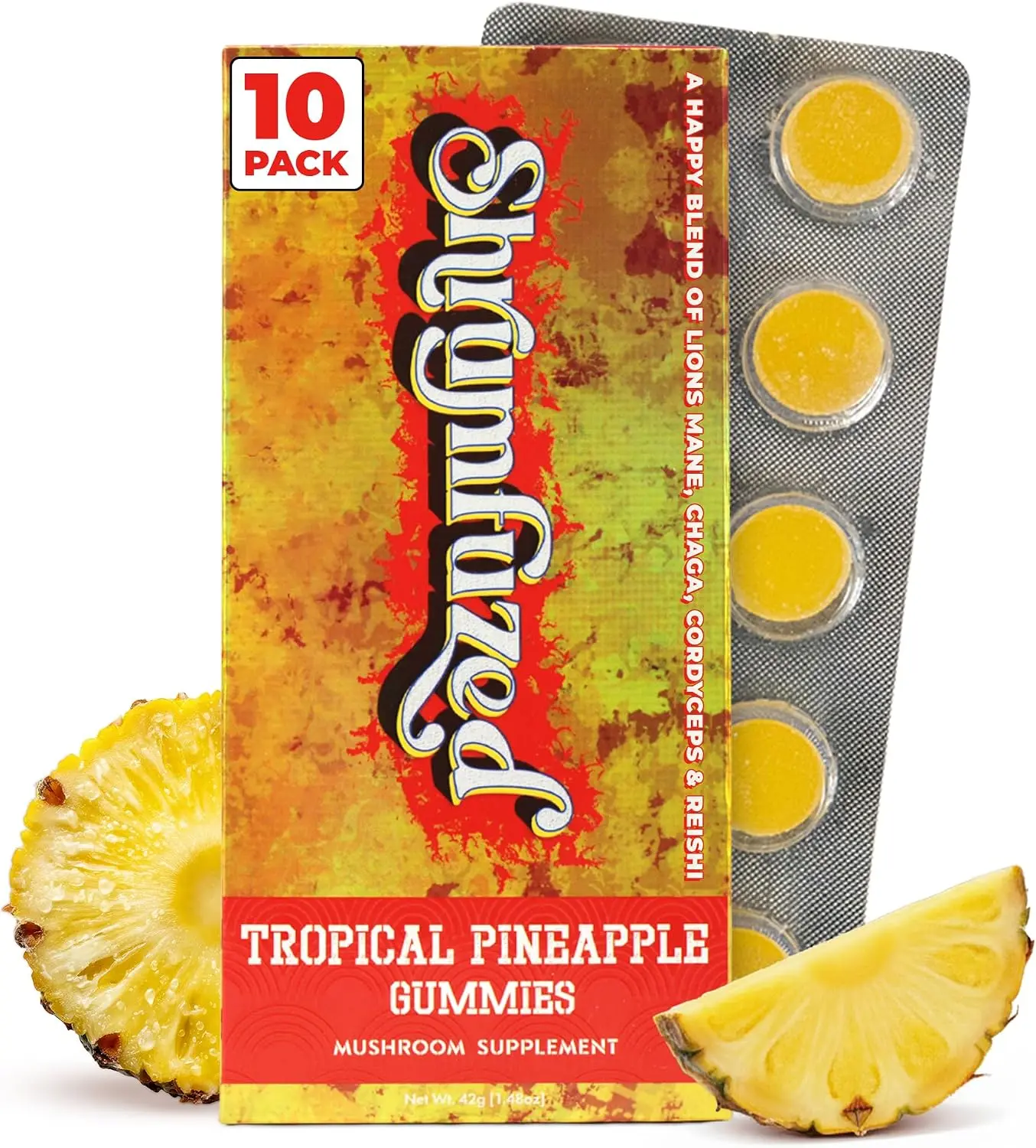 Shrumfuzed Mushroom Gummies, Tropical Pineapple (10 Count) | Nootropic Mushroom Supplement, Lion's Mane, Reishi, Cordyceps, Chaga
