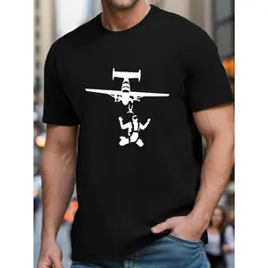 Men's Casual Black T-Shirt with White Parachute Landing Graphic - Short Sleeve,  Crew Neck,  ,  Machine Washable - Lightweight Summer Top