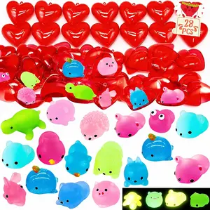 28-Pack Valentine's Day Squishy Toys with Heart Designs and Cards – Kawaii Valentine Gifts for Kids, Stress Relief