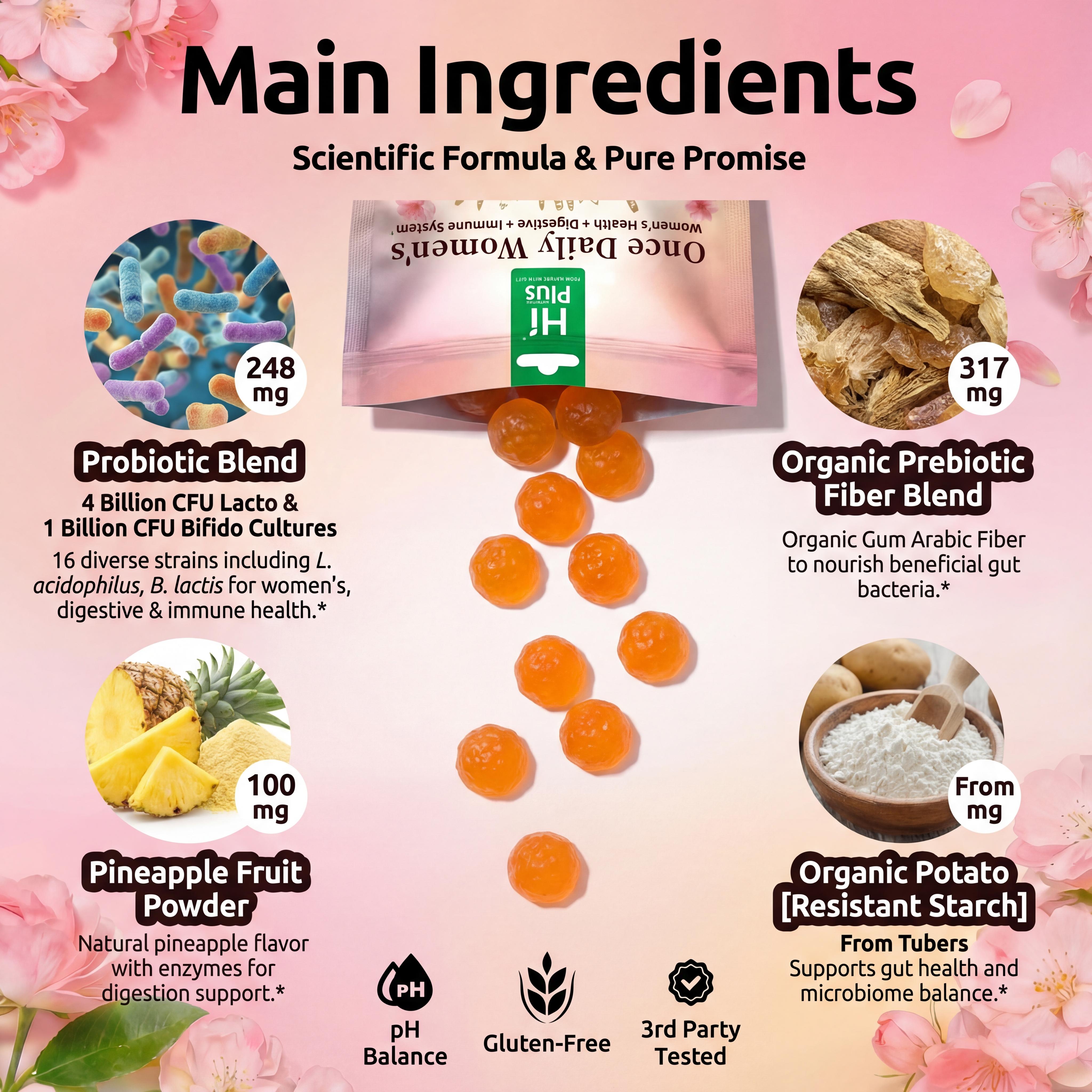 HiPlus Women's Probiotic Gummies with Prebiotic Fiber - Supports pH Balance & Odor Control - 16 Strains (5 Billion CFU) - Delicious Pineapple Flavor for Gut & Feminine Health - Dairy & Soy Free - 90 Count