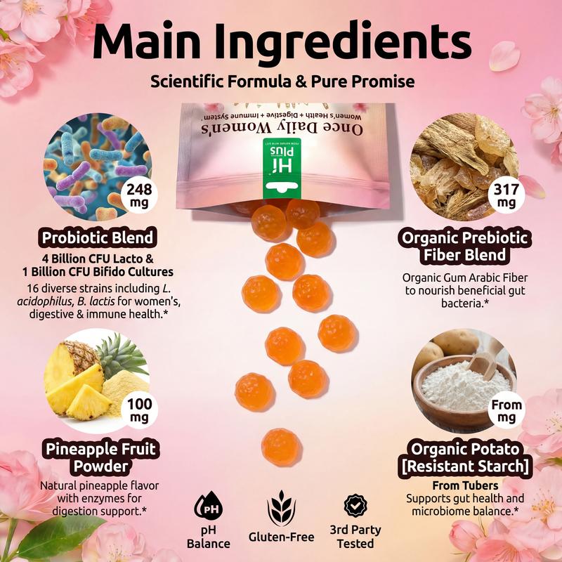 HiPlus Women's Probiotic Gummies with Prebiotic Fiber - Supports pH Balance & Odor Control - 16 Strains (5 Billion CFU) - Delicious Pineapple Flavor for Gut & Feminine Health - Dairy & Soy Free - 90 Count