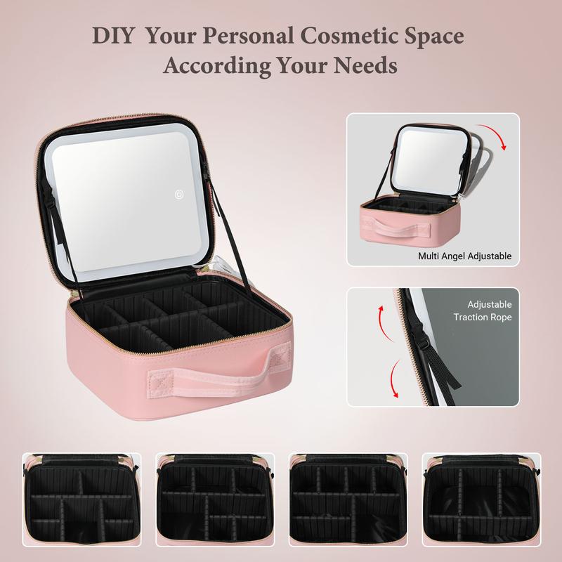 Behaesty Portable Makeup Bag with 3-Color LED Light Detachable Mirror 2000mAh USB Rechargeable Waterproof PU Leather Organizer Compact Travel Cosmetic Pouch Vanity Purse  Zip TikTokShopBlackFriday