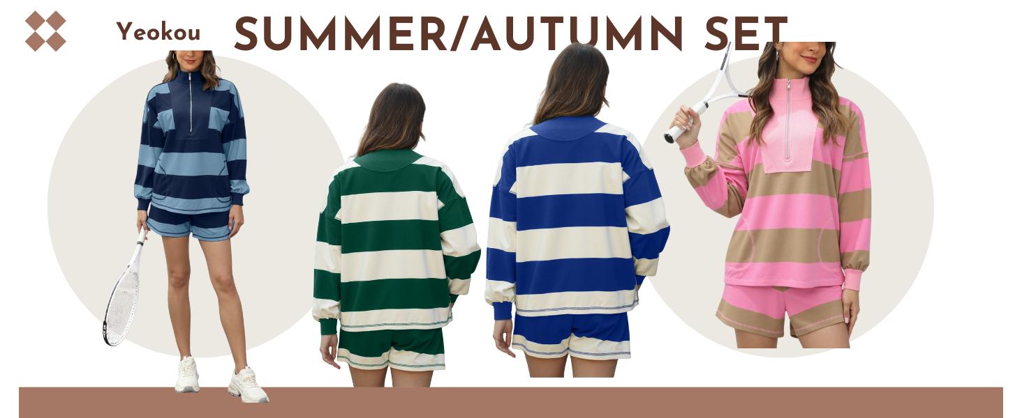 Yeokou Women's Lounge Set 2 Piece Striped Long Sleeve Quarter Zip & Short Sleeve T Shirt and Shorts for Summer & Autumn Casual Workout Tracksuit Yeokou Women's Lounge Set 2 Piece Striped Long Sleeve Quarter Zip & Short Sleeve T Shirt and Shorts for Summer & Autumn Casual Workout Tracksuit