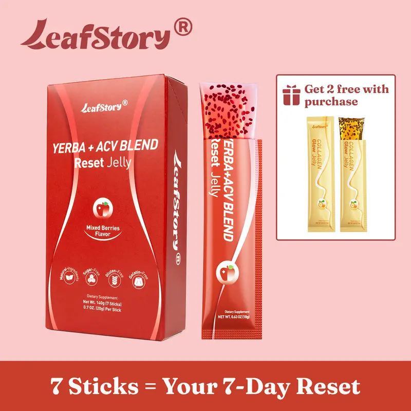 【Only 9.9】LeafStory Yerba + Apple Vinegar Reset Jelly（7 Sticks) : Mixed Berry Flavor, Support Digestion, Gut Health, and Metabolism, Debloat, Natural Ingredients , Sugar-Free, Gluten-Free, Non-GMO, Gelatin-Free-S1