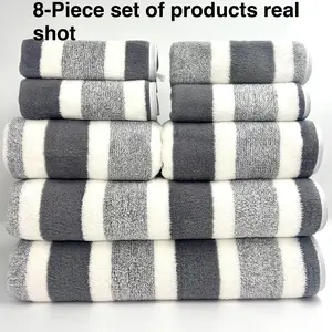 8-Piece Microfiber Bath Towel Set with Striped Design Absorbent Thickened for Gyms & Bathrooms Includes 4 Square Towels 2 Hand Towels 2 Bath Towels